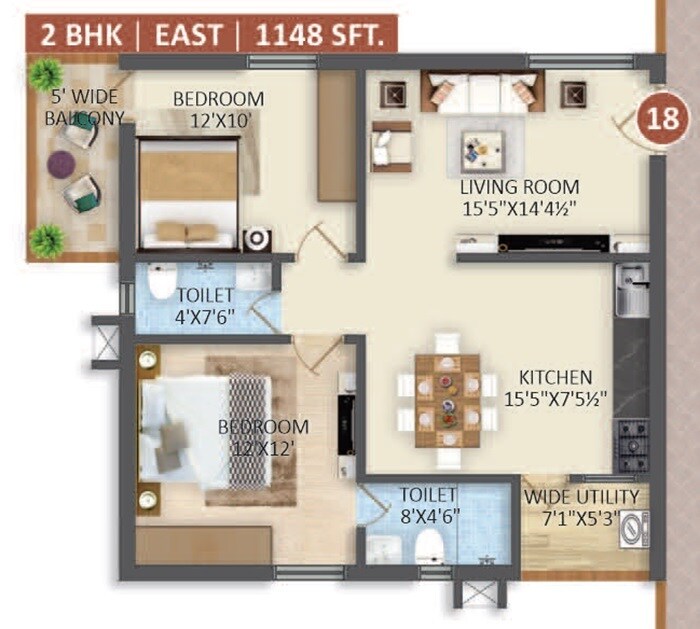 Floor plan of 2 BHK 1148 Sq. Ft. Apartment in Pride Palmyra Tower, Hyderabad