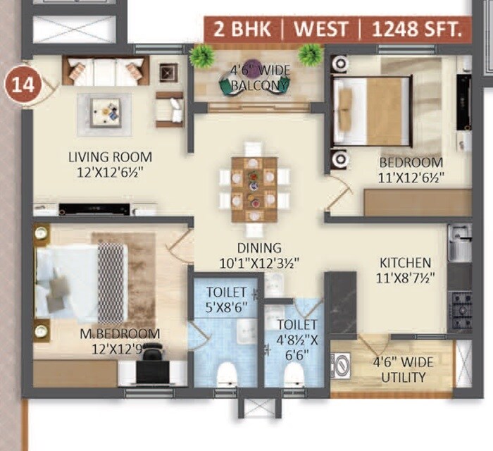 Floor plan of 2 BHK 1248 Sq. Ft. Apartment in Pride Palmyra Tower, Hyderabad