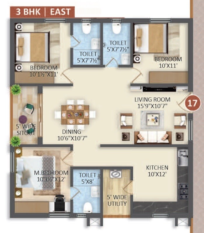 Floor plan of 3 BHK 1480 Sq. Ft. Apartment in Pride Palmyra Tower, Hyderabad