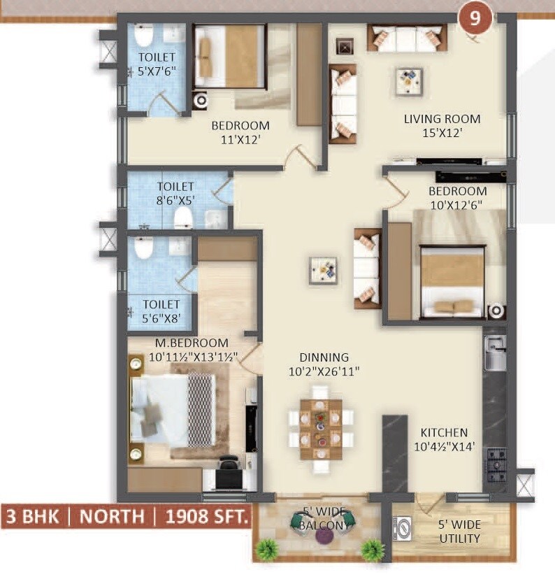 Floor plan of 3 BHK 1908 Sq. Ft. Apartment in Pride Palmyra Tower, Hyderabad