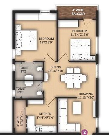 Floor plan of 2 BHK 1170 Sq. Ft. Apartment in Primark De Stature, Hyderabad