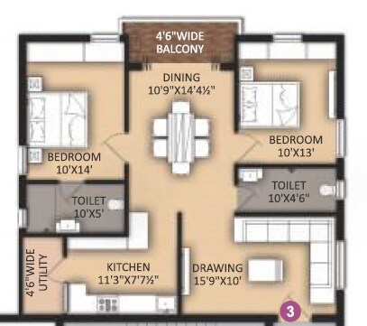 Floor plan of 2 BHK 1245 Sq. Ft. Apartment in Primark De Stature, Hyderabad