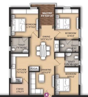 Floor plan of 3 BHK 1515 Sq. Ft. Apartment in Primark De Stature, Hyderabad