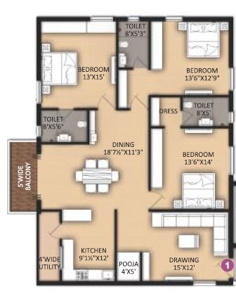 Floor plan of 3 BHK 2045 Sq. Ft. Apartment in Primark De Stature, Hyderabad