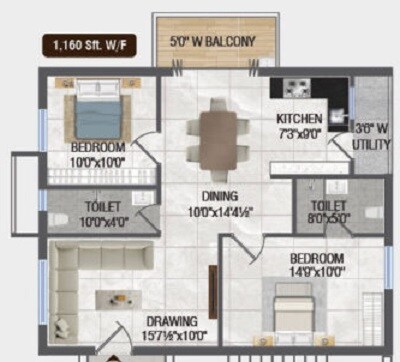 Floor plan of 2 BHK 1160 Sq. Ft. Apartment in Primark Eco Nest, Hyderabad
