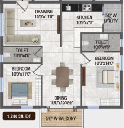 Floor plan of 2 BHK 1305 Sq. Ft. Apartment in Primark Eco Nest, Hyderabad