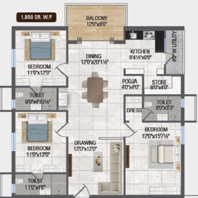 Floor plan of 3 BHK 1425 Sq. Ft. Apartment in Primark Eco Nest, Hyderabad