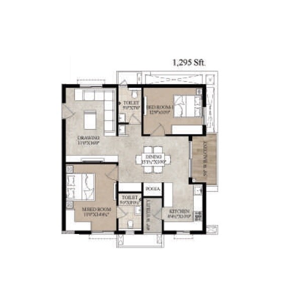Floor plan of 2 BHK 1295 Sq. Ft. Apartment in Primark North Wave, Hyderabad