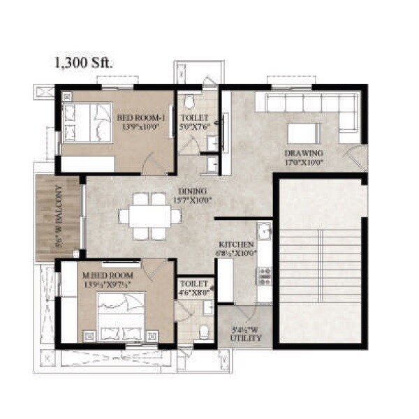 Floor plan of 2 BHK 1300 Sq. Ft. Apartment in Primark North Wave, Hyderabad