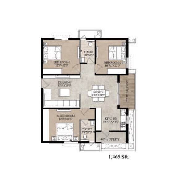 Floor plan of 3 BHK 1465 Sq. Ft. Apartment in Primark North Wave, Hyderabad