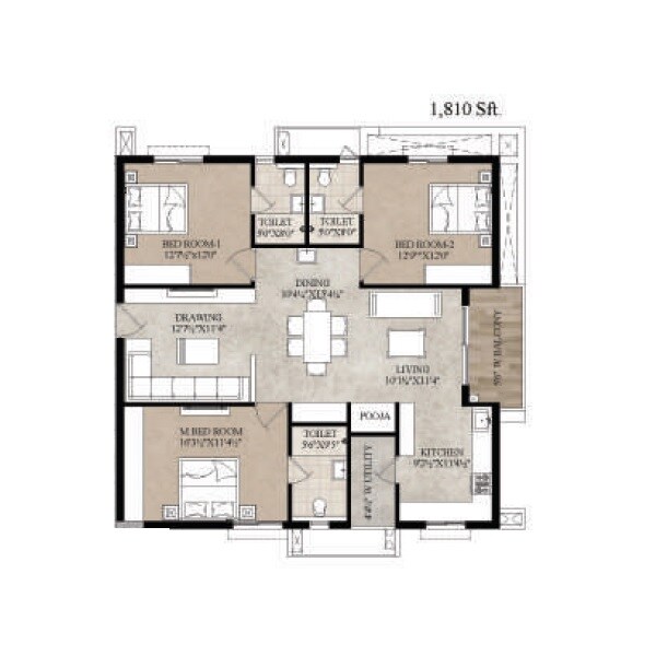 Floor plan of 3 BHK 1810 Sq. Ft. Apartment in Primark North Wave, Hyderabad