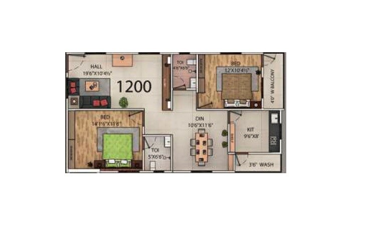 Floor plan of 2 BHK 1199 Sq. Ft. Apartment in Primarks Cygnus, Hyderabad