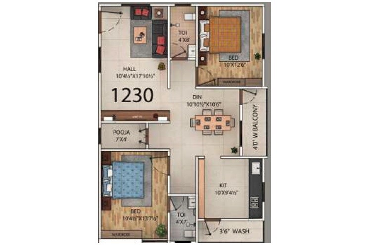 Floor plan of 2 BHK 1230 Sq. Ft. Apartment in Primarks Cygnus, Hyderabad