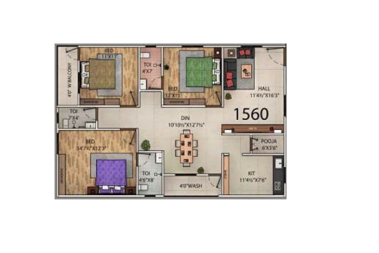 Floor plan of 3 BHK 1560 Sq. Ft. Apartment in Primarks Cygnus, Hyderabad