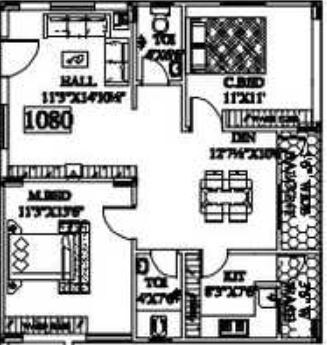 Floor plan of 2 BHK 1080 Sq. Ft. Apartment in Primarks Vijaya Residency, Hyderabad