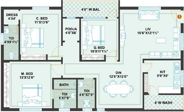 Floor plan of 2 BHK 1829 Sq. Ft. Villa in Prime Meadows, Hyderabad