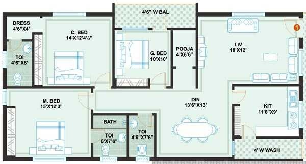Floor plan of 3 BHK 2400 Sq. Ft. Villa in Prime Meadows, Hyderabad