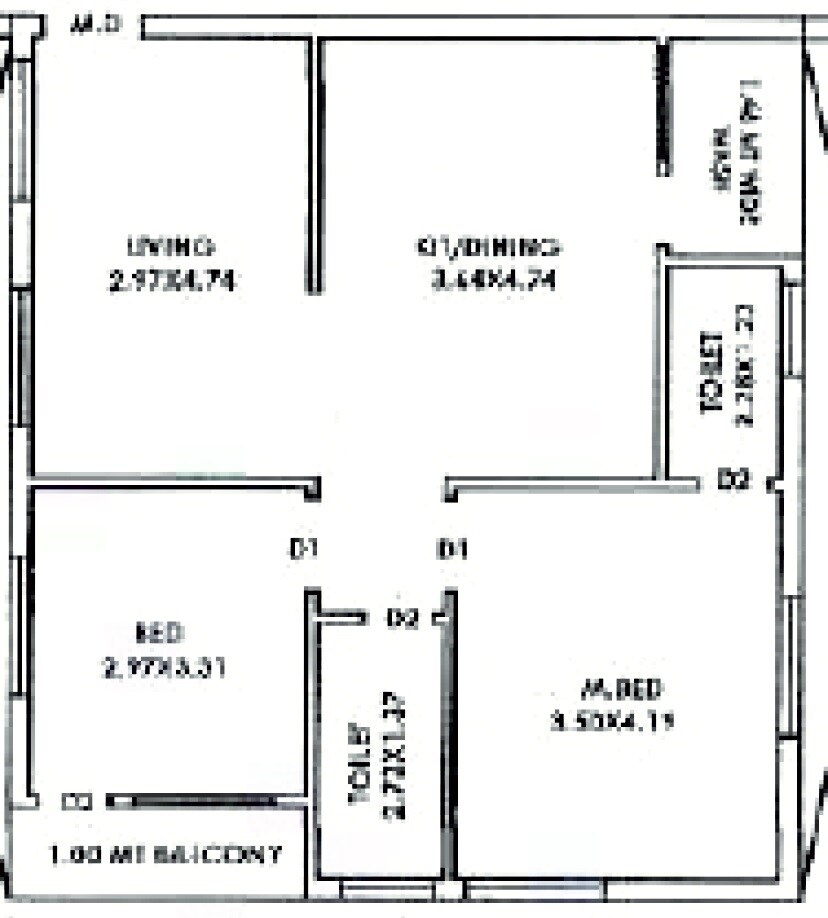 Floor plan of 2 BHK 1185 Sq. Ft. Apartment in Prime Navya Enclave, Hyderabad