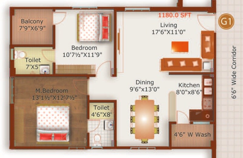 Floor plan of 2 BHK 1180 Sq. Ft. Apartment in Prime Solitaire, Hyderabad