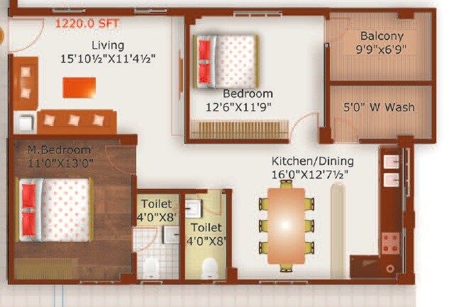 Floor plan of 2 BHK 1210 Sq. Ft. Apartment in Prime Solitaire, Hyderabad