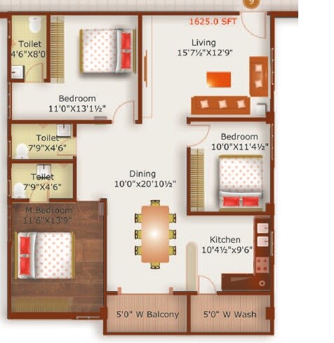 Floor plan of 3 BHK 1625 Sq. Ft. Apartment in Prime Solitaire, Hyderabad