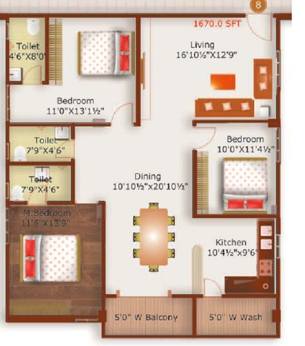 Floor plan of 3 BHK 1670 Sq. Ft. Apartment in Prime Solitaire, Hyderabad