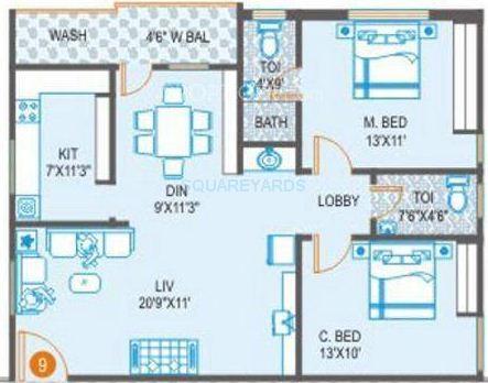 Floor plan of 2 BHK 1235 Sq. Ft. Apartment in Prime Splendour, Hyderabad