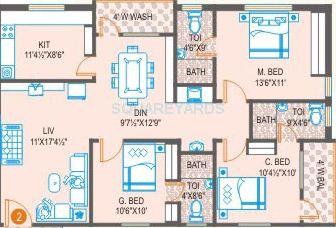 Floor plan of 3 BHK 1425 Sq. Ft. Apartment in Prime Splendour, Hyderabad