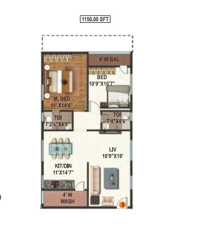 Floor plan of 2 BHK 1150 Sq. Ft. Apartment in Prime Titania, Hyderabad