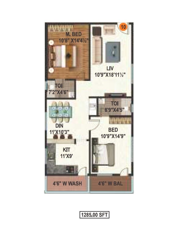 Floor plan of 2 BHK 1285 Sq. Ft. Apartment in Prime Titania, Hyderabad