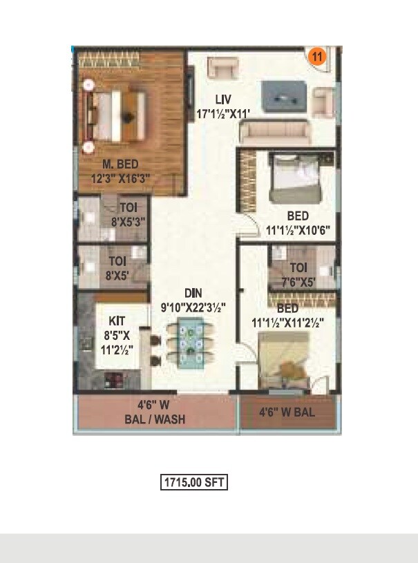 Floor plan of 3 BHK 1715 Sq. Ft. Apartment in Prime Titania, Hyderabad