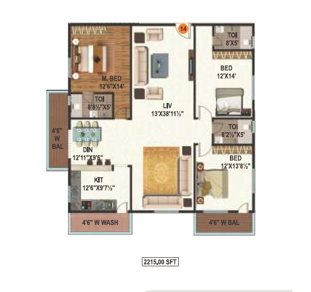 Floor plan of 3 BHK 2215 Sq. Ft. Apartment in Prime Titania, Hyderabad