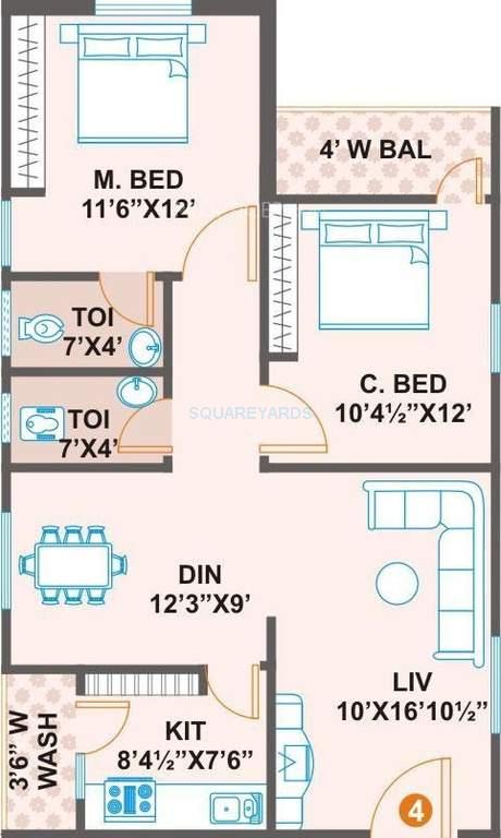 Floor plan of 2 BHK 1000 Sq. Ft. Apartment in Prime Vs Premier, Hyderabad
