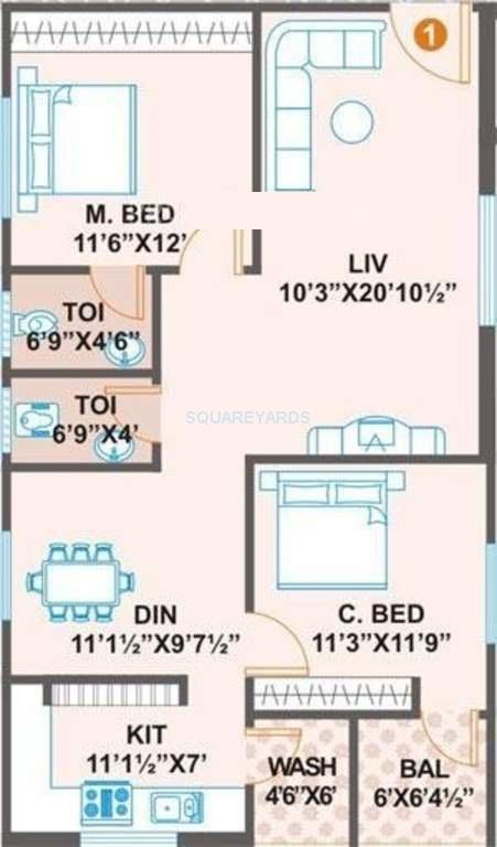Floor plan of 2 BHK 1090 Sq. Ft. Apartment in Prime Vs Premier, Hyderabad
