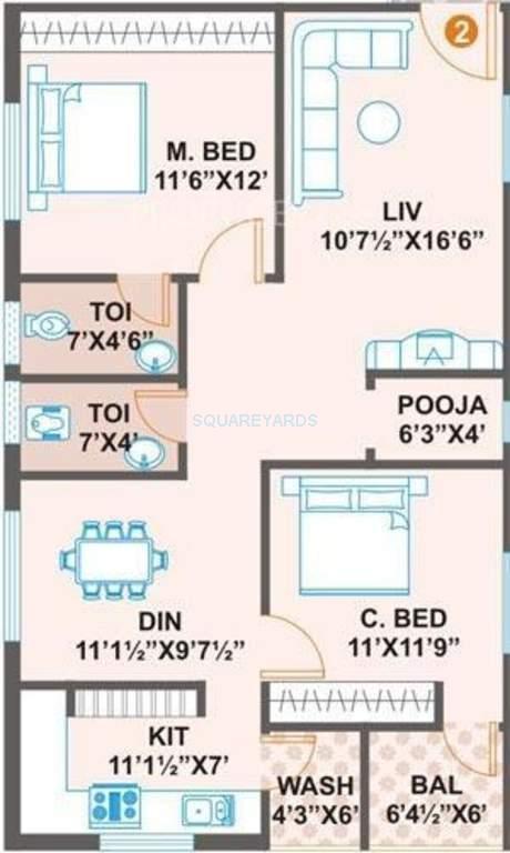 Floor plan of 2 BHK 1108 Sq. Ft. Apartment in Prime Vs Premier, Hyderabad