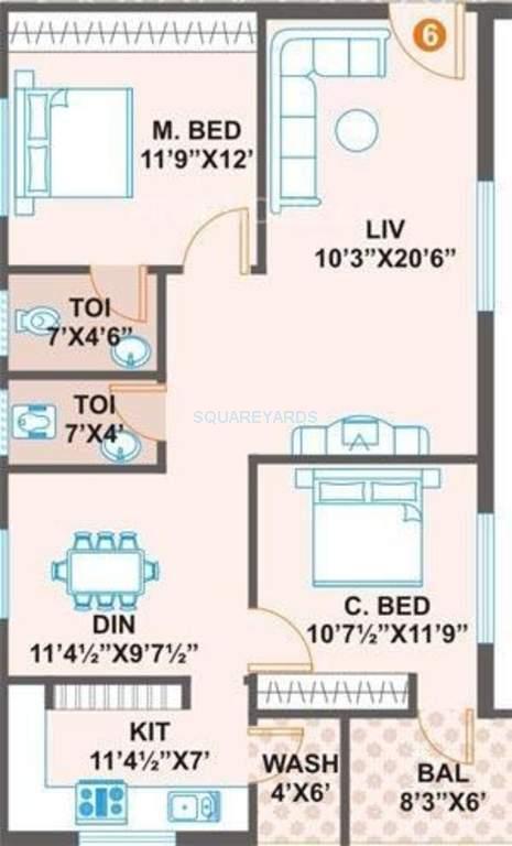 Floor plan of 2 BHK 1110 Sq. Ft. Apartment in Prime Vs Premier, Hyderabad