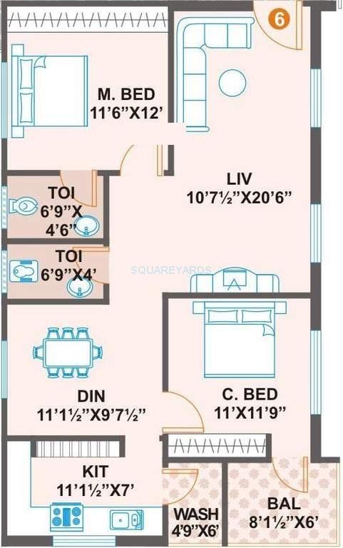 Floor plan of 2 BHK 1120 Sq. Ft. Apartment in Prime Vs Premier, Hyderabad
