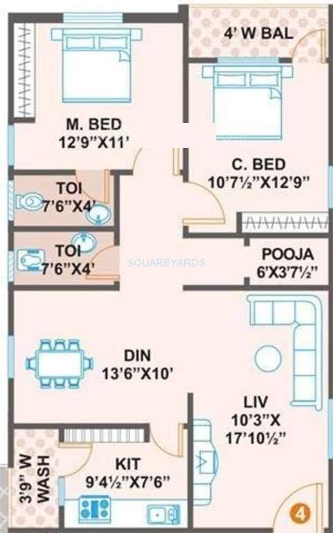 Floor plan of 2 BHK 1140 Sq. Ft. Apartment in Prime Vs Premier, Hyderabad