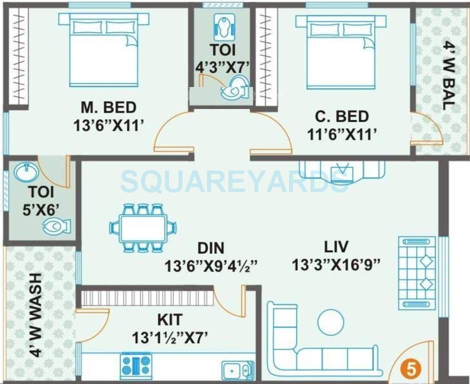 Floor plan of 2 BHK 1155 Sq. Ft. Apartment in Prime Vs Premier, Hyderabad