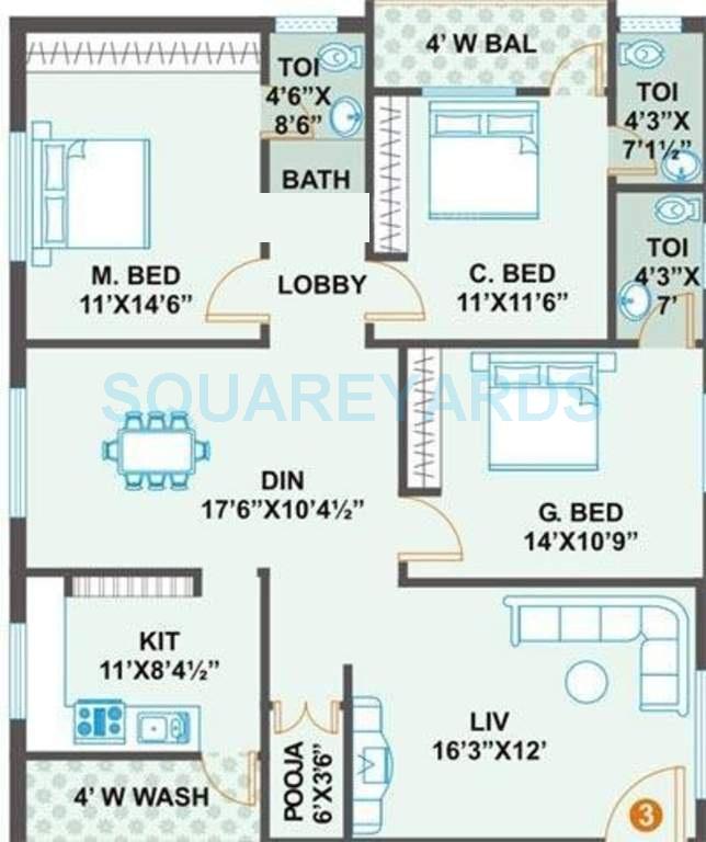 Floor plan of 3 BHK 1533 Sq. Ft. Apartment in Prime Vs Premier, Hyderabad