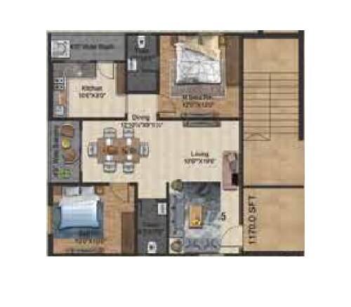Floor plan of 2 BHK 1170 Sq. Ft. Apartment in Privilege Heritage Living, Hyderabad