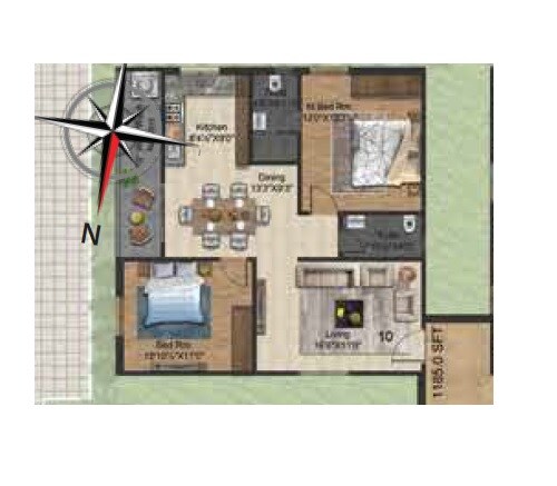Floor plan of 2 BHK 1185 Sq. Ft. Apartment in Privilege Heritage Living, Hyderabad