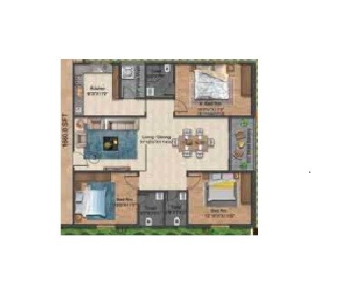 Floor plan of 3 BHK 1660 Sq. Ft. Apartment in Privilege Heritage Living, Hyderabad