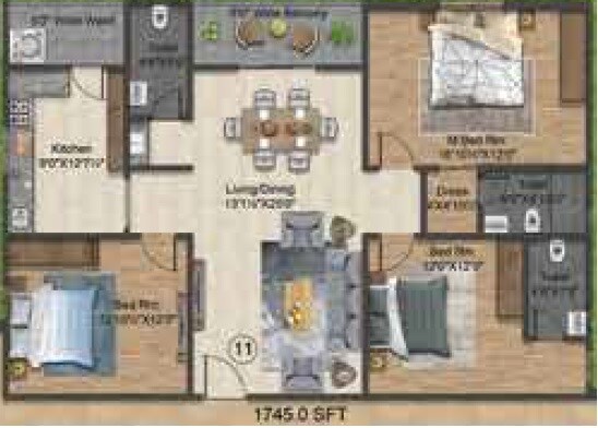 Floor plan of 3 BHK 1745 Sq. Ft. Apartment in Privilege Heritage Living, Hyderabad