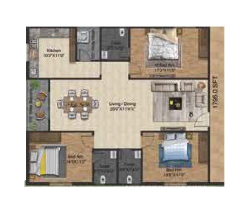 Floor plan of 3 BHK 1795 Sq. Ft. Apartment in Privilege Heritage Living, Hyderabad