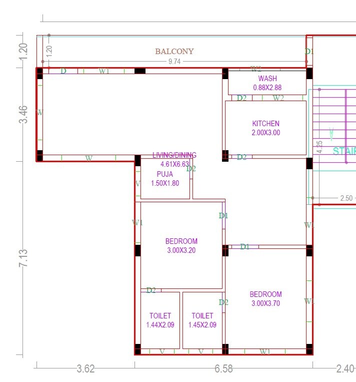 Floor plan of 2 BHK 1260 Sq. Ft. Apartment in PRK Rajani River Edge, Hyderabad