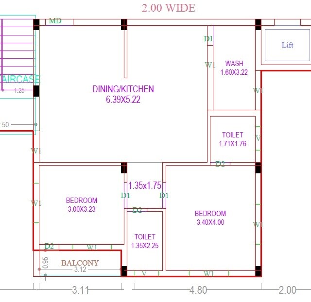 Floor plan of 2 BHK 1380 Sq. Ft. Apartment in PRK Rajani River Edge, Hyderabad