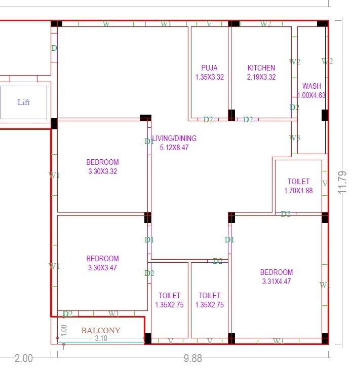 Floor plan of 3 BHK 1690 Sq. Ft. Apartment in PRK Rajani River Edge, Hyderabad