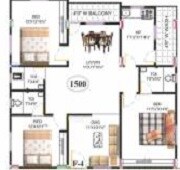 Floor plan of 3 BHK 1500 Sq. Ft. Apartment in PRK Rajender Residency, Hyderabad