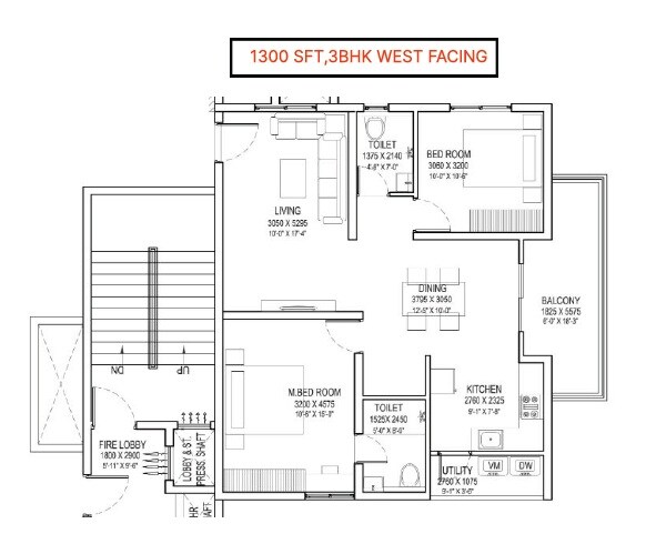 Floor plan of 3 BHK 1300 Sq. Ft. Apartment in Profound Vanam, Hyderabad